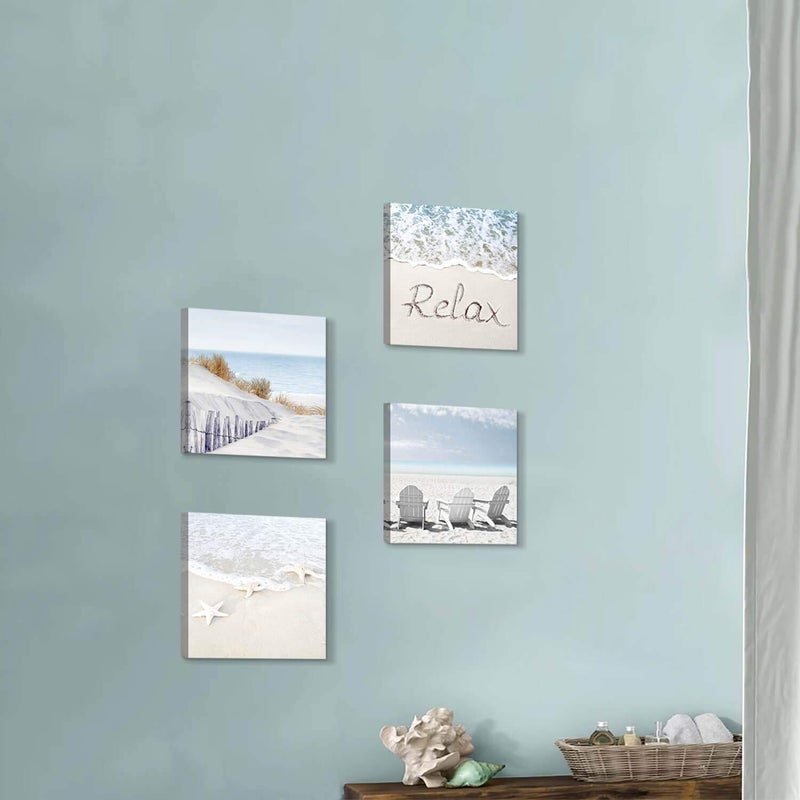 Hardy Gallery Coastal Artwork Beach Wall Art: Starfish & Chairs on Sand Painting with Word Picture on Canvas for Living Room (12â€ x 12'' x 4 Panels) - Image 5